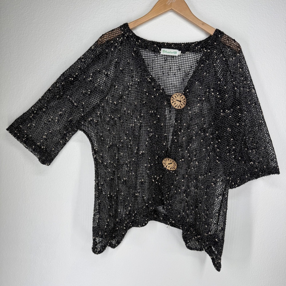 Vintage Open Knit Sheer‎ Cardigan Wooden Button Mesh Large Boho Lagenlook Artsy